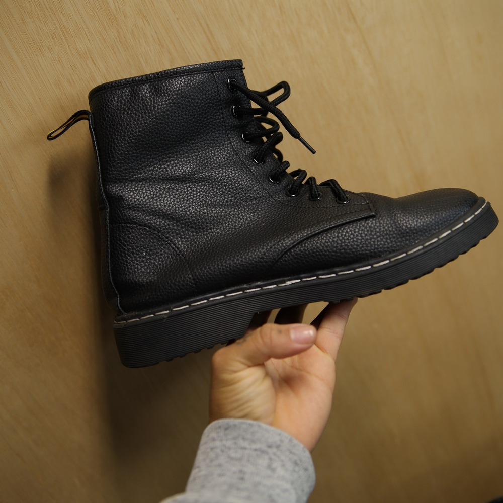 Black Pebbled Faux Leather Lace Up Combat Boots with Contrast Stitching Size 8